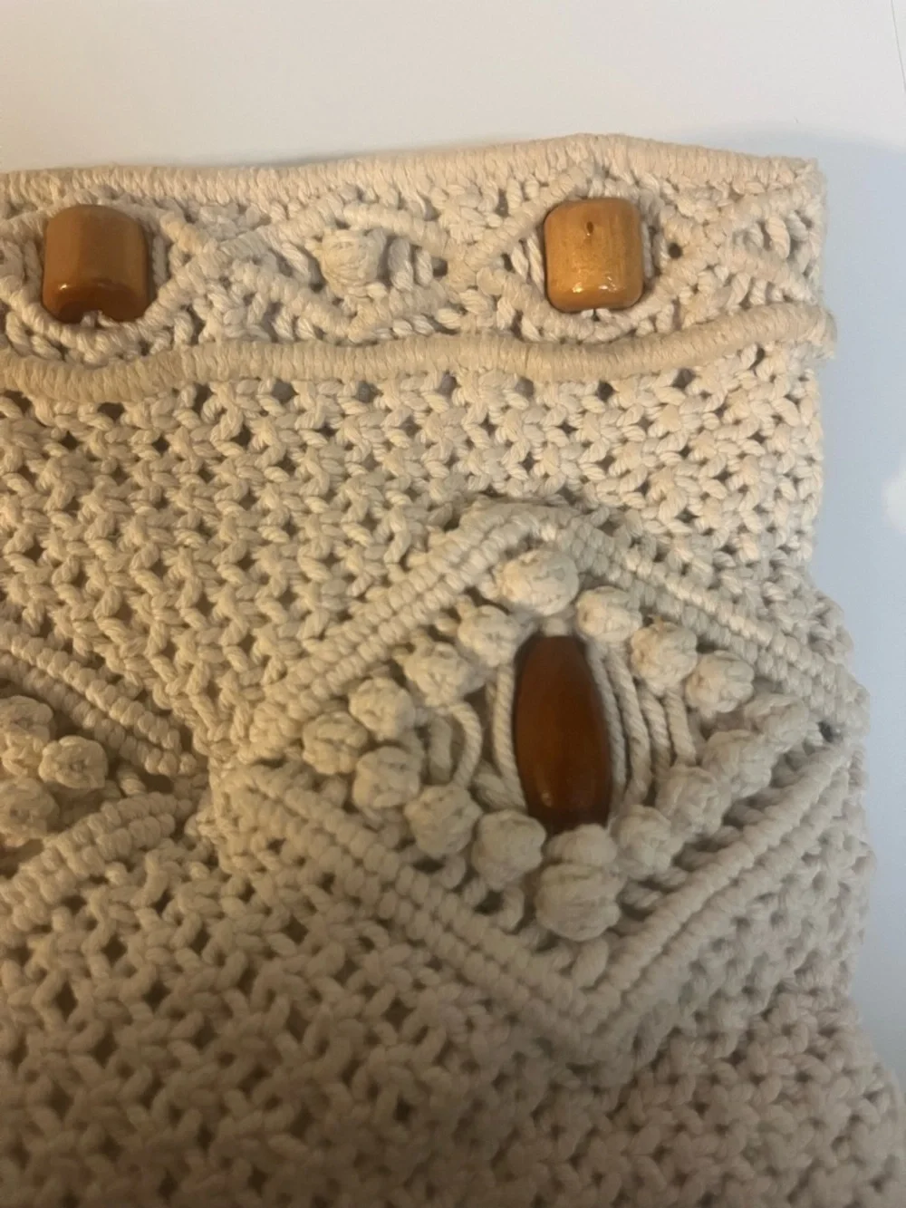 Vintage Mid Century Cream Macrame Clutch with Wood Bead Accents 11x6in Bohemian